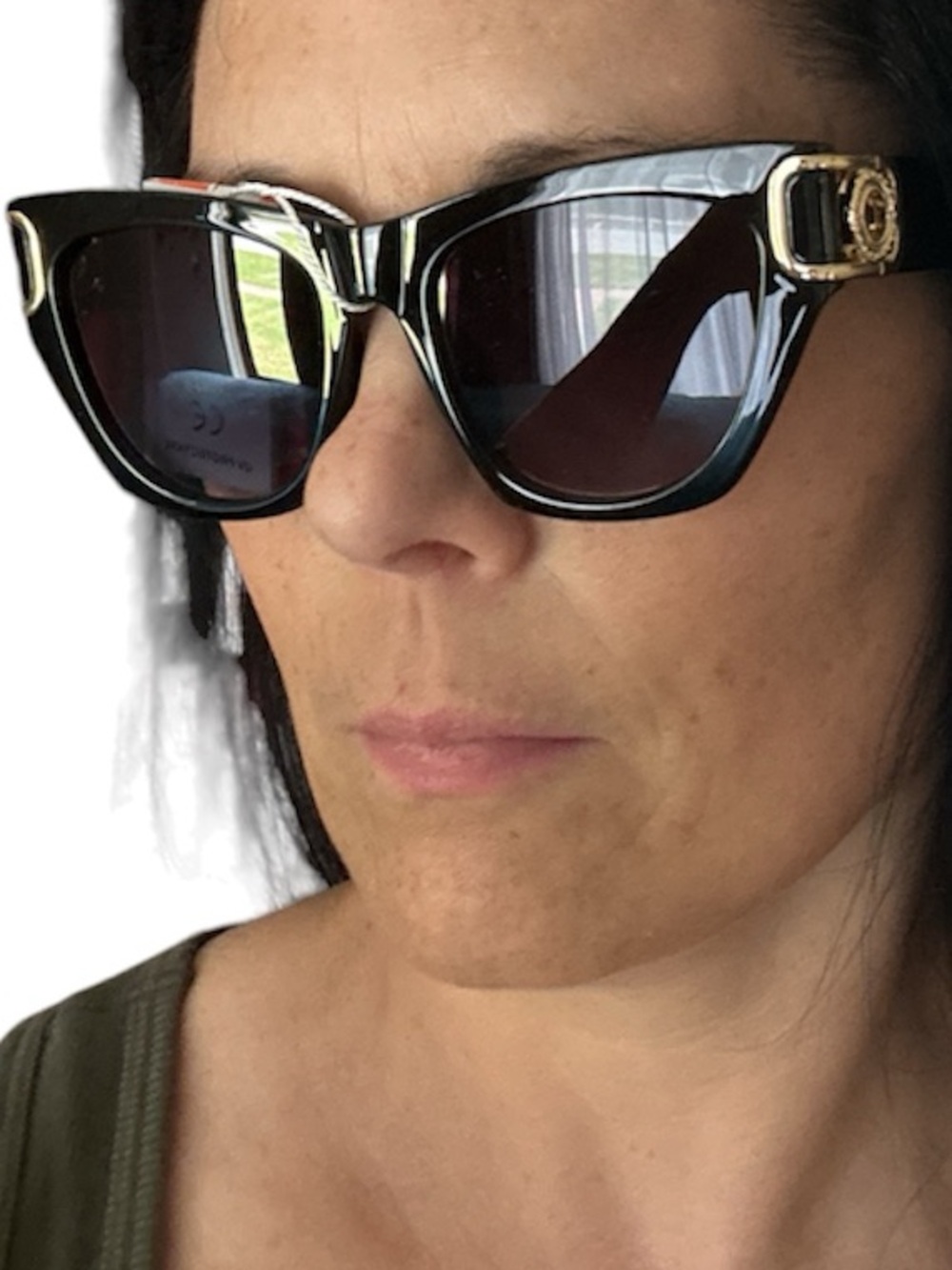 FASHION EYEWEAR Glossy Black Cat-Eye Sunglasses with Gold Hardware